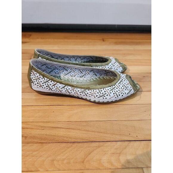 Women Pikolinos Ballet Mary Jane Sandals Gold Green Peep Toe Leather 6 Flats - Picture 3 of 8